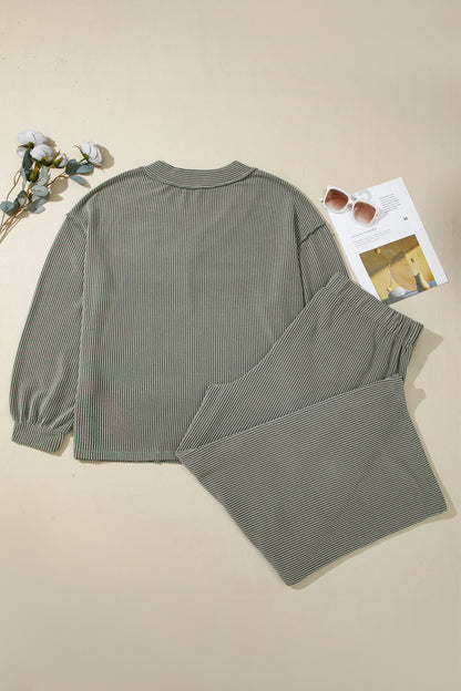 Four Leaf Clover Twisted Ribbed Exposed Seam Detail V Neck Pullover Plus Size Pant Set