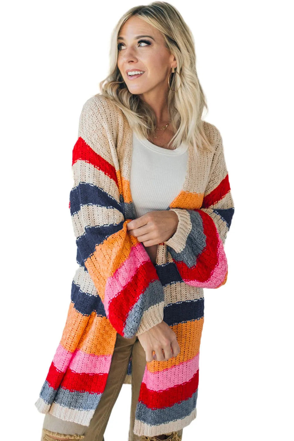 Stripes Knitted Balloon Sleeve Open Cardigan - Chic Meadow Boutique 