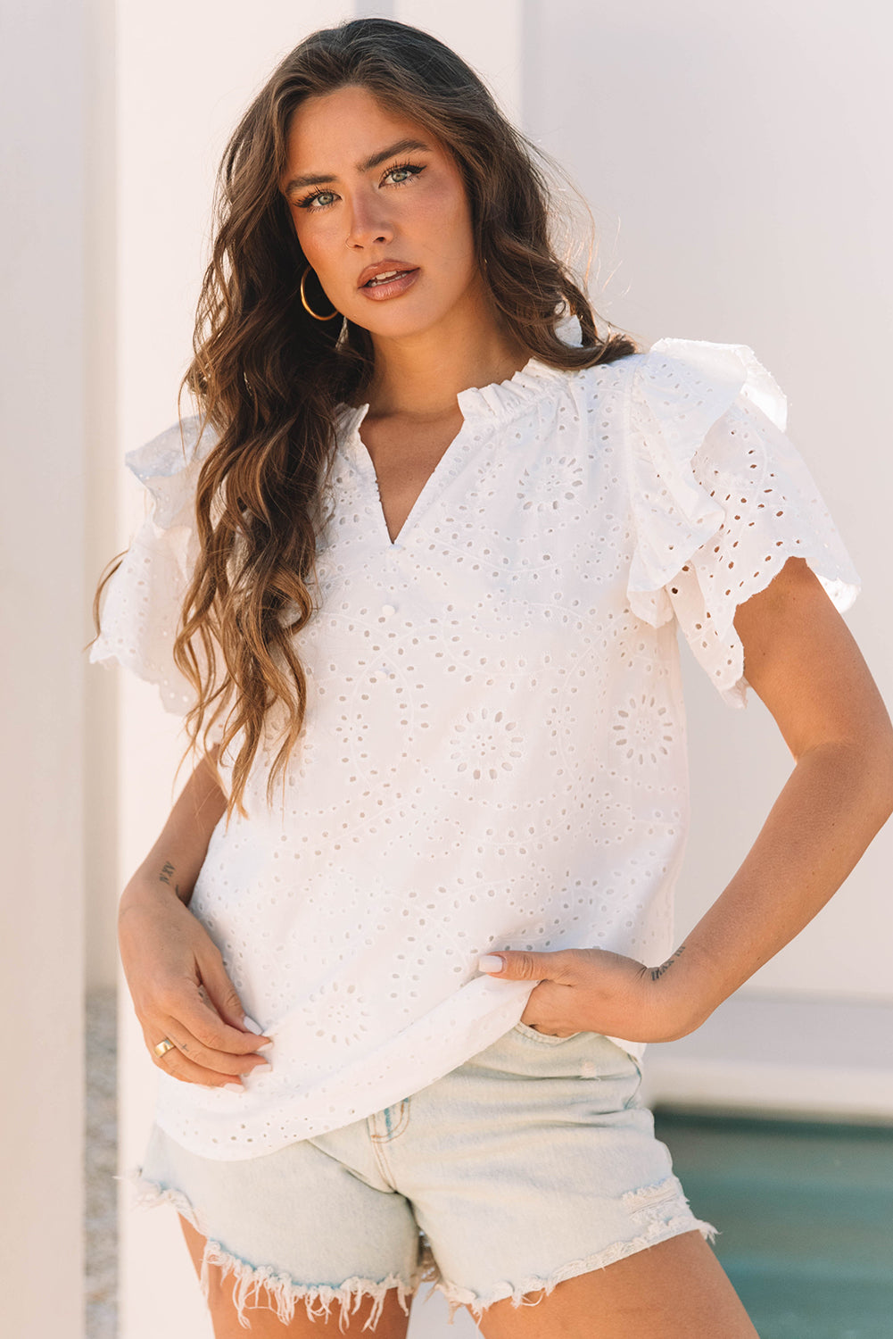White Broderie Anglaise Ruffle Short Sleeve Blouse