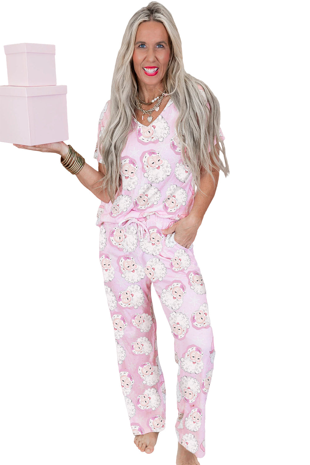 Pink Santa Claus Print V Neck Tee Drawstring Pants 2pcs Lounge Set
