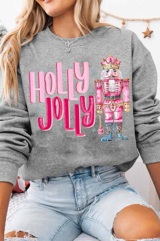 Graphic/Graphic Sweatshirts Gray / S / 50%Polyester+50%Cotton Gray HOLLY JOLLY Nutcracker Print Crew Neck Christmas Sweatshirt