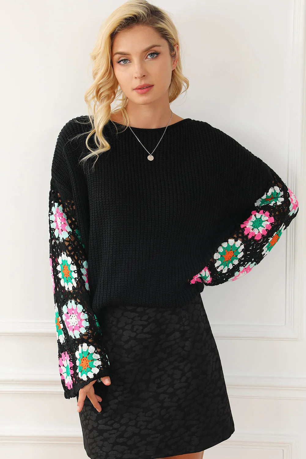 Black Floral Crochet Bell Sleeve Loose Sweater - Chic Meadow Boutique 