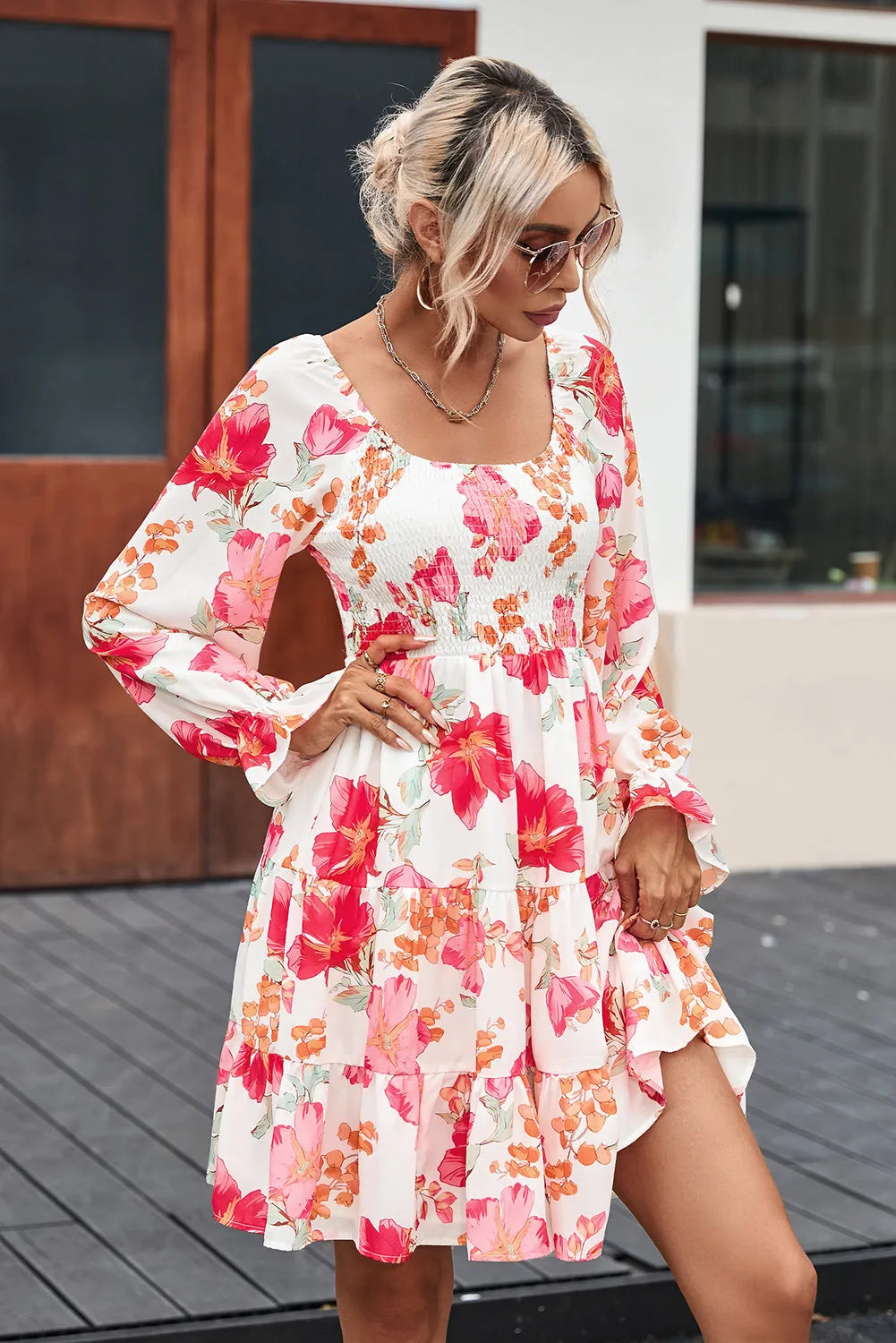 Fiery Red Smocked Tiered Floral Dress - Chic Meadow Boutique 