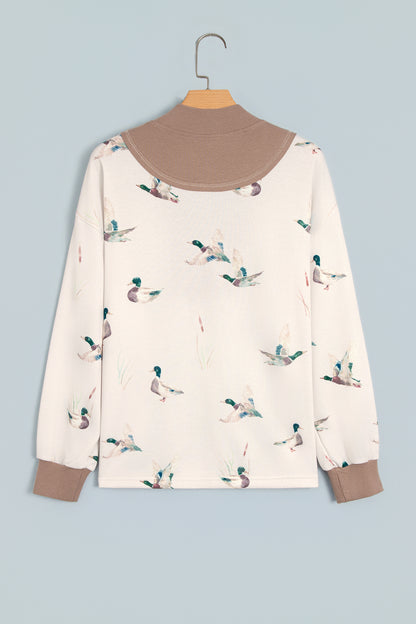 Beige Wild Mallard Print Color Block Patchwork Zip Neck Tunic Top