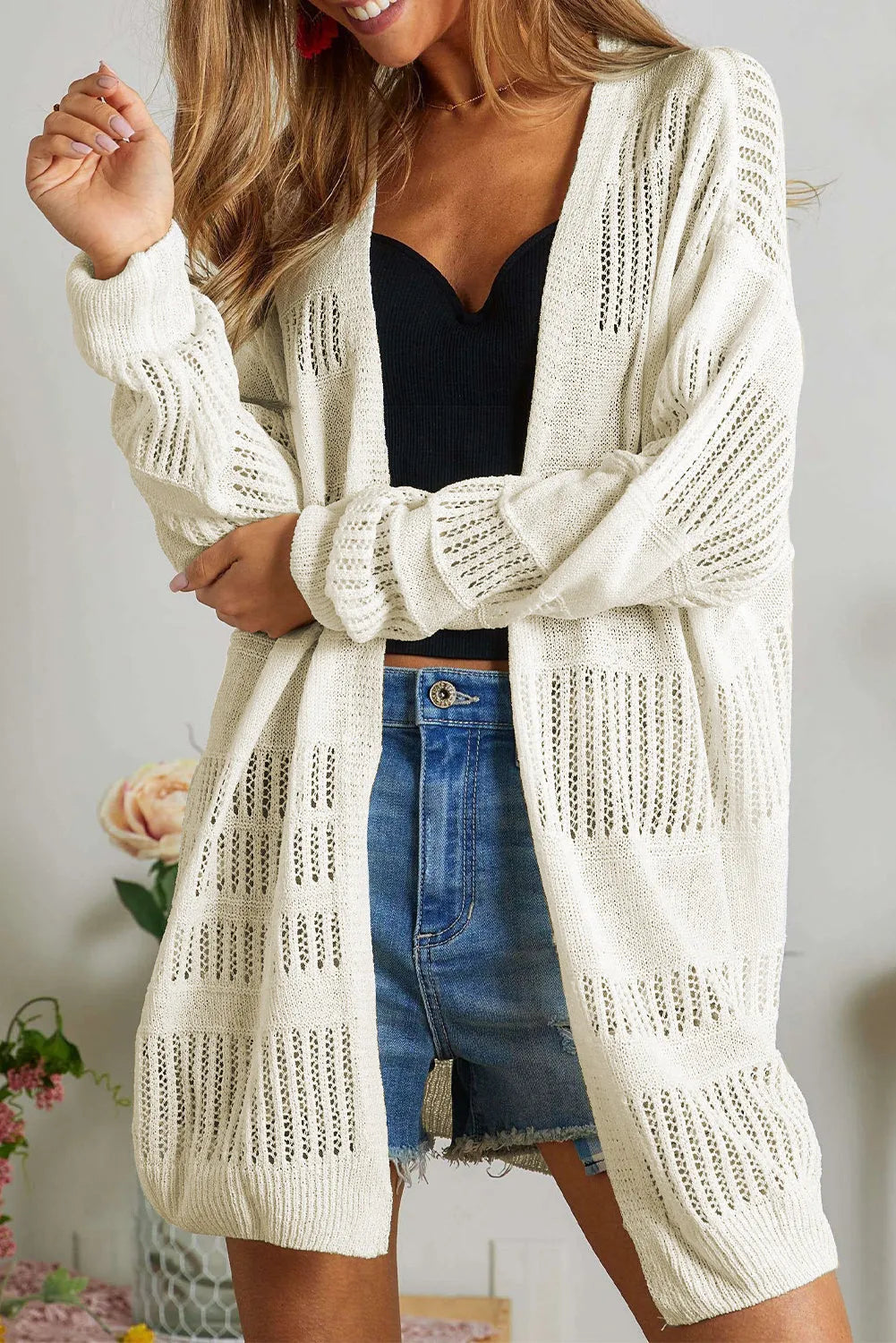 White Solid Color Lightweight Open Knit Tunic Cardigan - Chic Meadow Boutique 