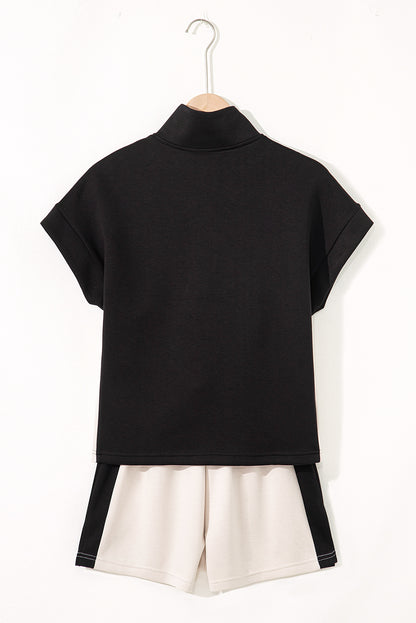 Black Contrast Zipped Stand Collared T Shirt and Short Set