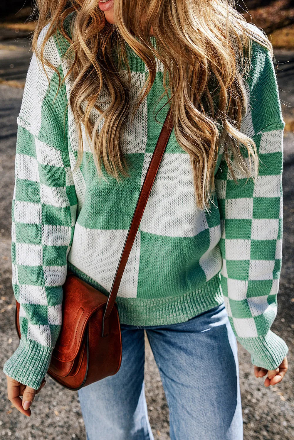 Mint Green Checkered Print Drop Shoulder Sweater - Chic Meadow Boutique 