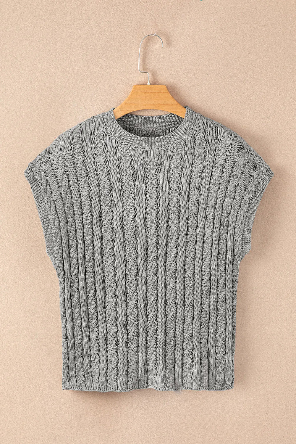 Gray Crew Neck Cable Knit Short Sleeve Sweater - Chic Meadow Boutique 