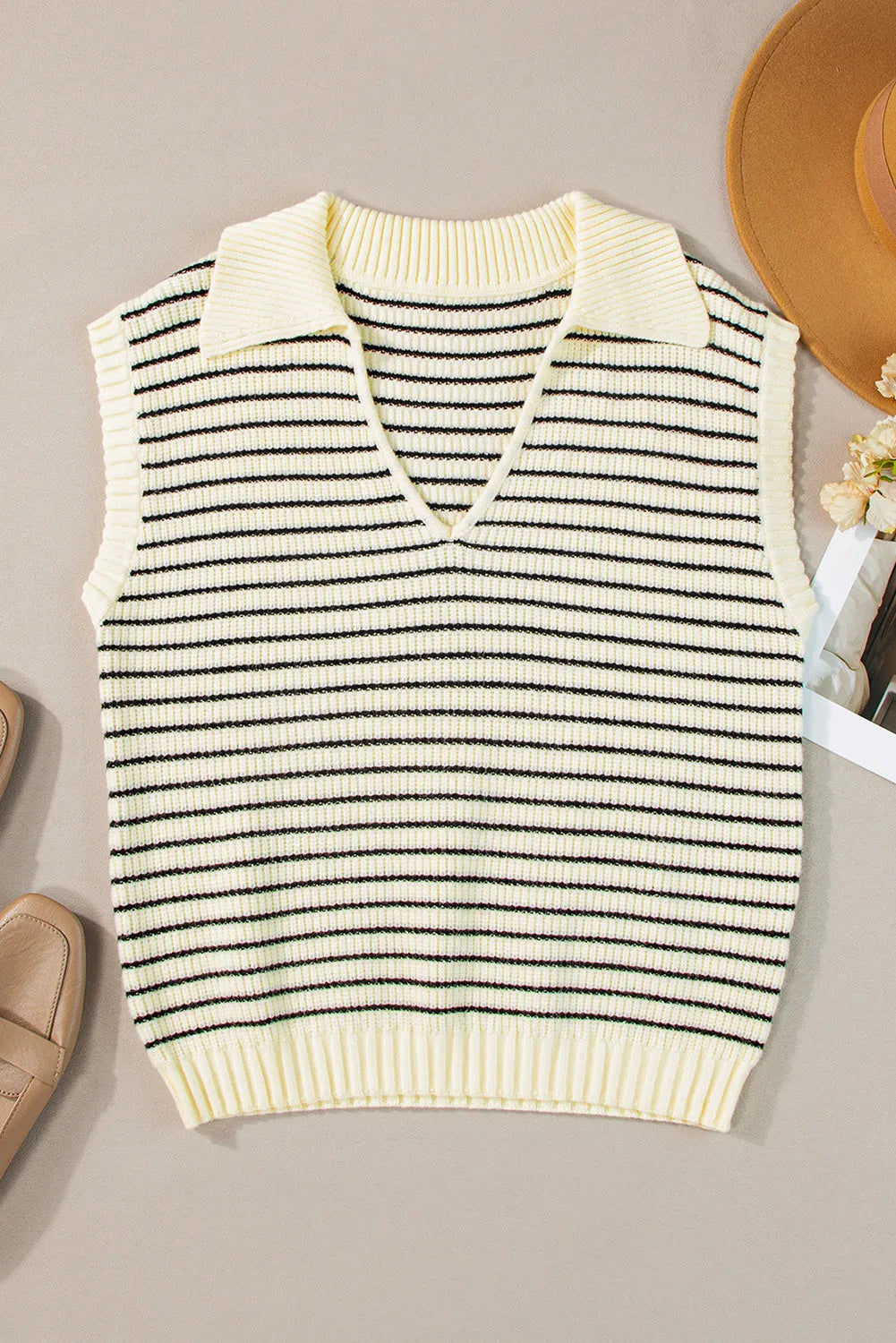 Beige Stripe Turn-down V Neck Sweater Tank Top - Chic Meadow Boutique 