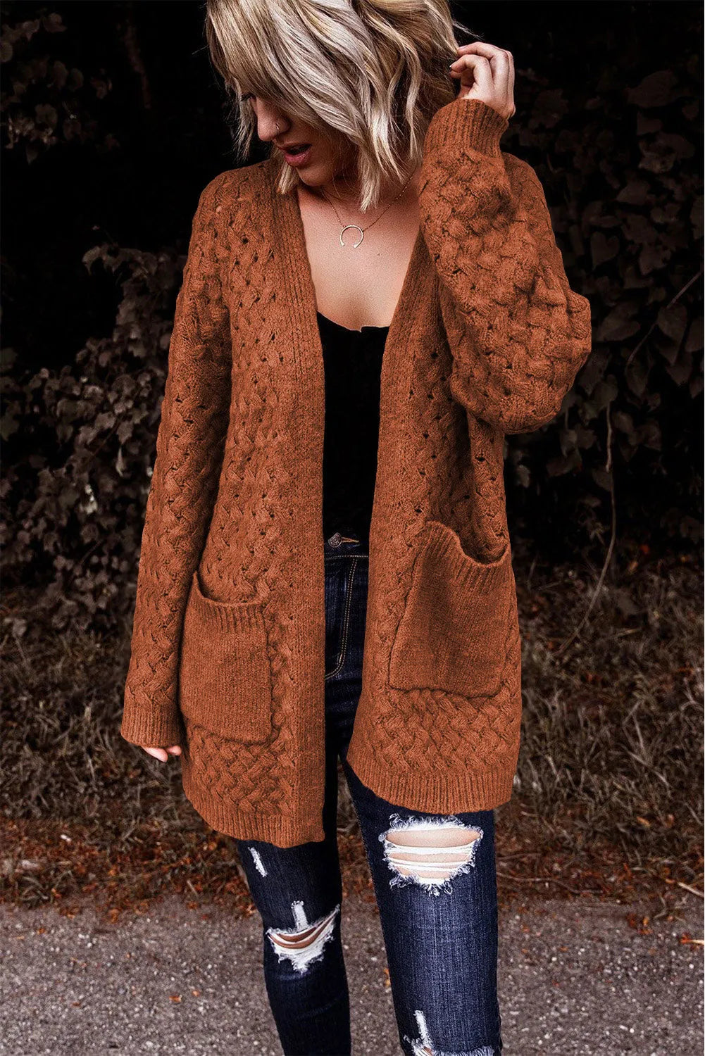 Brown Open Front Woven Texture Knitted Cardigan with Pockets - Chic Meadow Boutique 