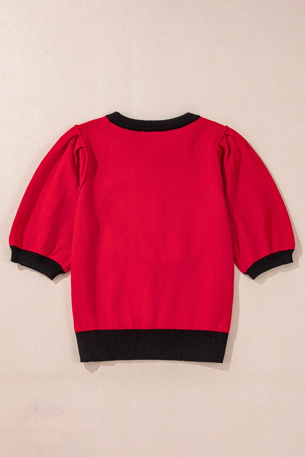 Red Sequin Rugby Color Block Puff Short Sleeve Sweater - Chic Meadow Boutique 