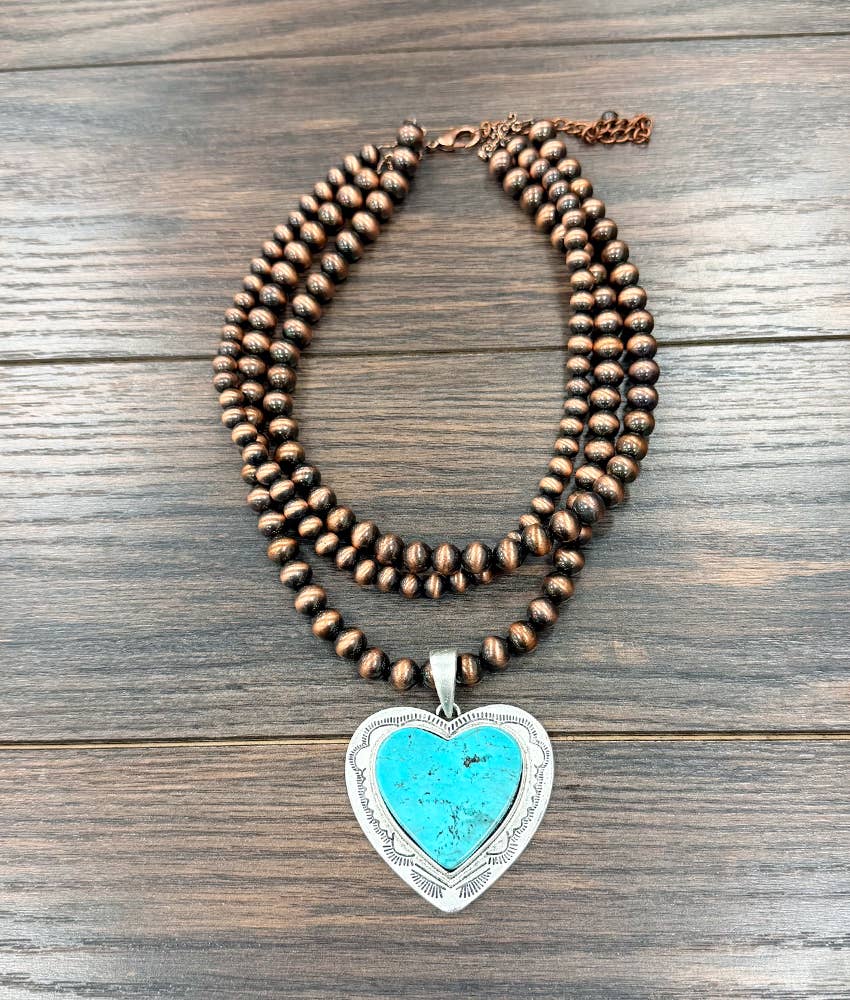 739698, 18" Handmade Copper Navajo Heart Turquoise Necklace