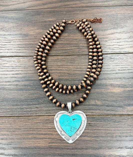 739698, 18" Handmade Copper Navajo Heart Turquoise Necklace