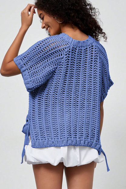 Ashleigh Blue Plus Size Open Knit Bow Tie Short Sleeve Sweater