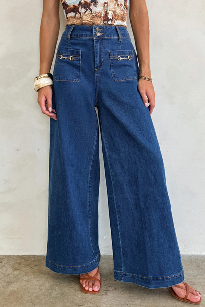 Sail Blue Hardware Decor Patched Pockets Wide Leg Denim Pants