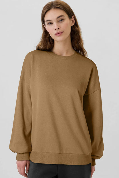 Camel Solid Fleece Lined Drop Shoulder High Low Sweatshirt - Chic Meadow Boutique 