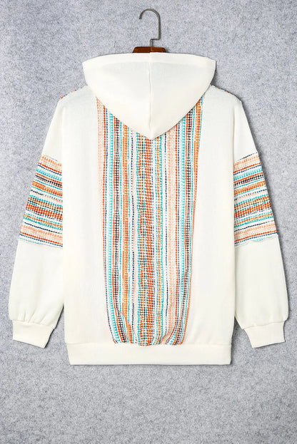 Multicolor Striped Patchwork V Neck Drop Shoulder Knit Hoodie - Chic Meadow Boutique 