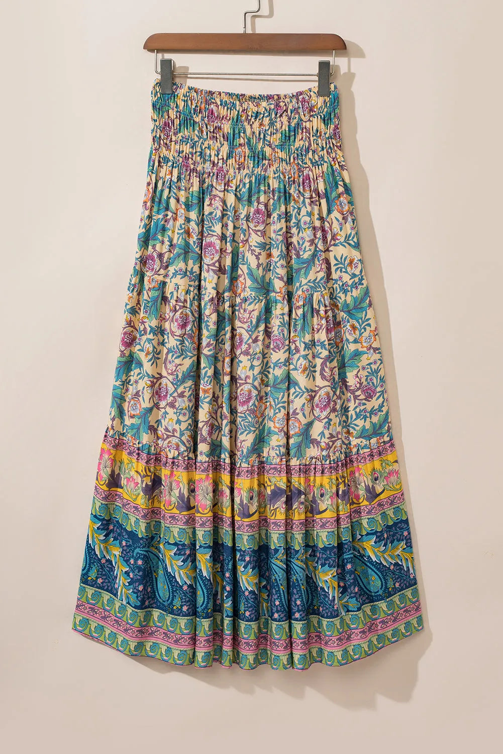 Sky Blue Boho Floral & Paisley Print Shirred Waist Long Skirt - Chic Meadow Boutique 