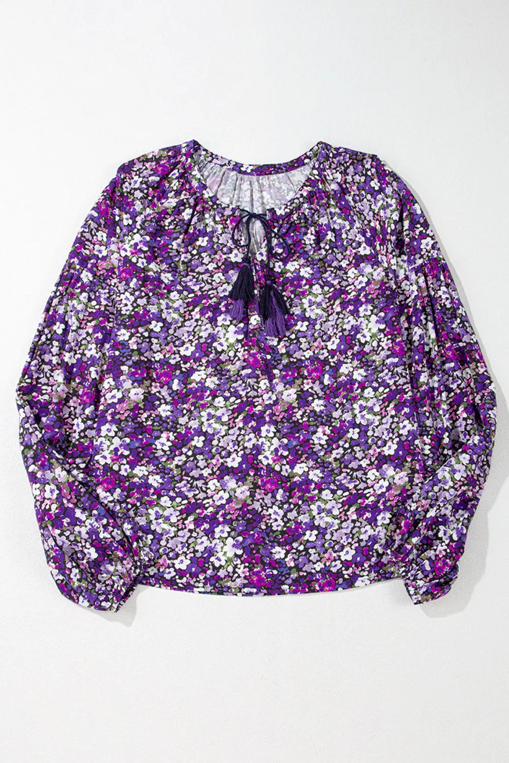 Purple Boho Flower Split V Neck Bubble Sleeve Blouse - Chic Meadow Boutique 