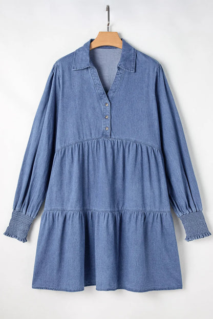 Dusk Blue Smocked Cuff Buttoned Tiered Denim Mini Dress - Chic Meadow Boutique 