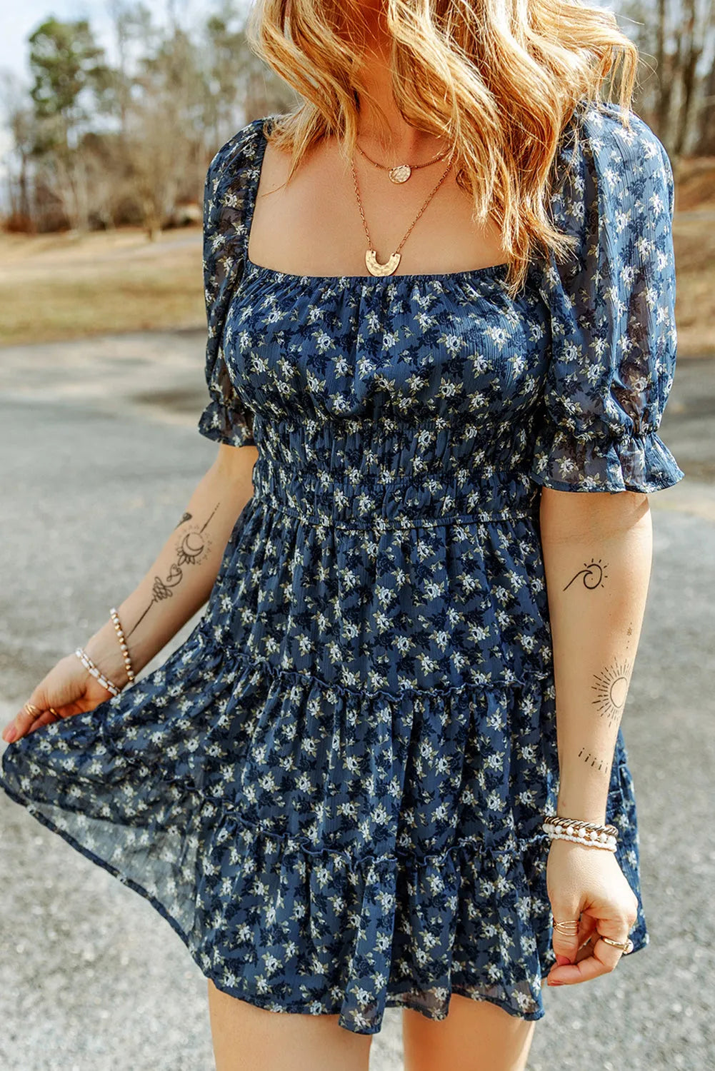 Sail Blue Floral Smocked Tiered Ruffle Short Dress - Chic Meadow Boutique 