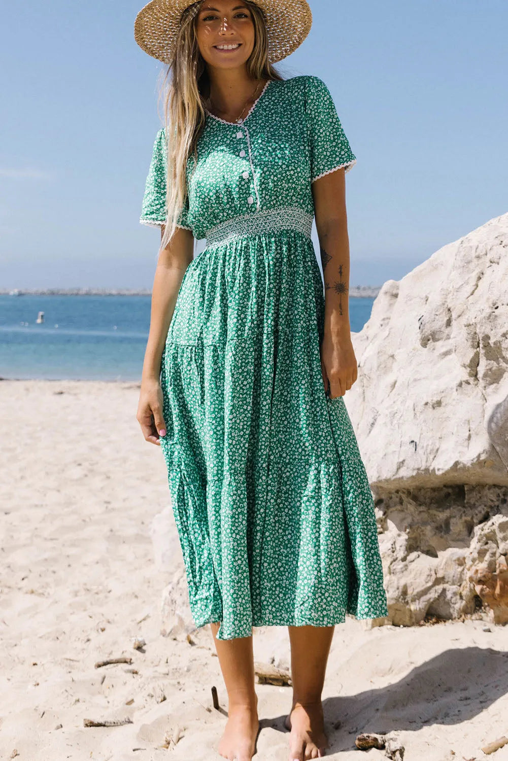 Green Floral Print Lace Splicing Flared High Waist Midi Dress - Chic Meadow Boutique 