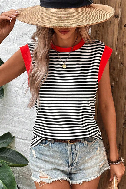 Black Stripe Colorblock Edge Round Neck Tank Top - Chic Meadow Boutique 