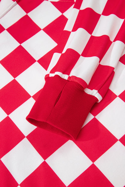 Red Checkered Print Half Zip Hoodie Loose Pant Set