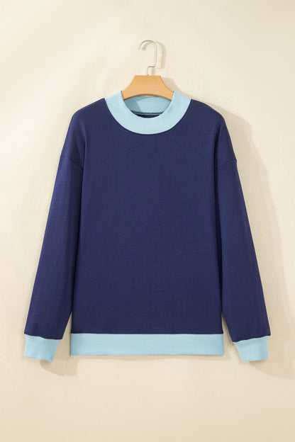 Dirty blue Colorblock Trim Crewneck Long Sleeve Pullover Sweatshirt