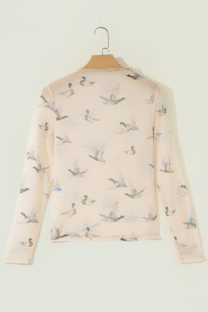 Beige Western Print Mesh High Neck Long Sleeve Sheath Top