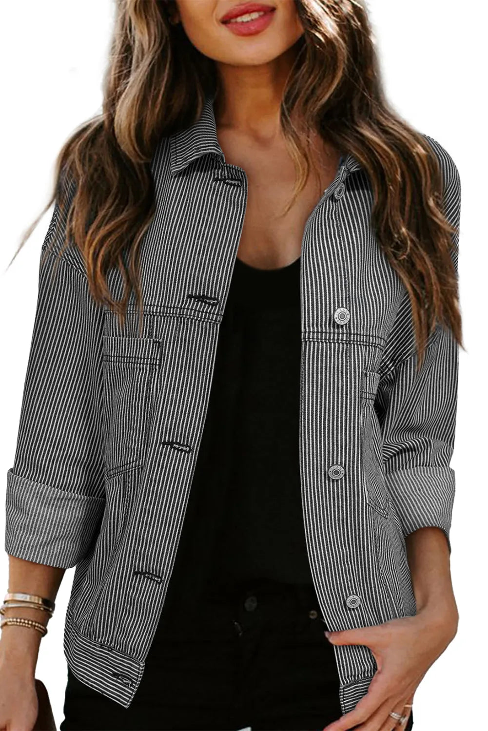 Blue Stripe Washed Oversize Pocketed Denim Jacket - Chic Meadow Boutique 