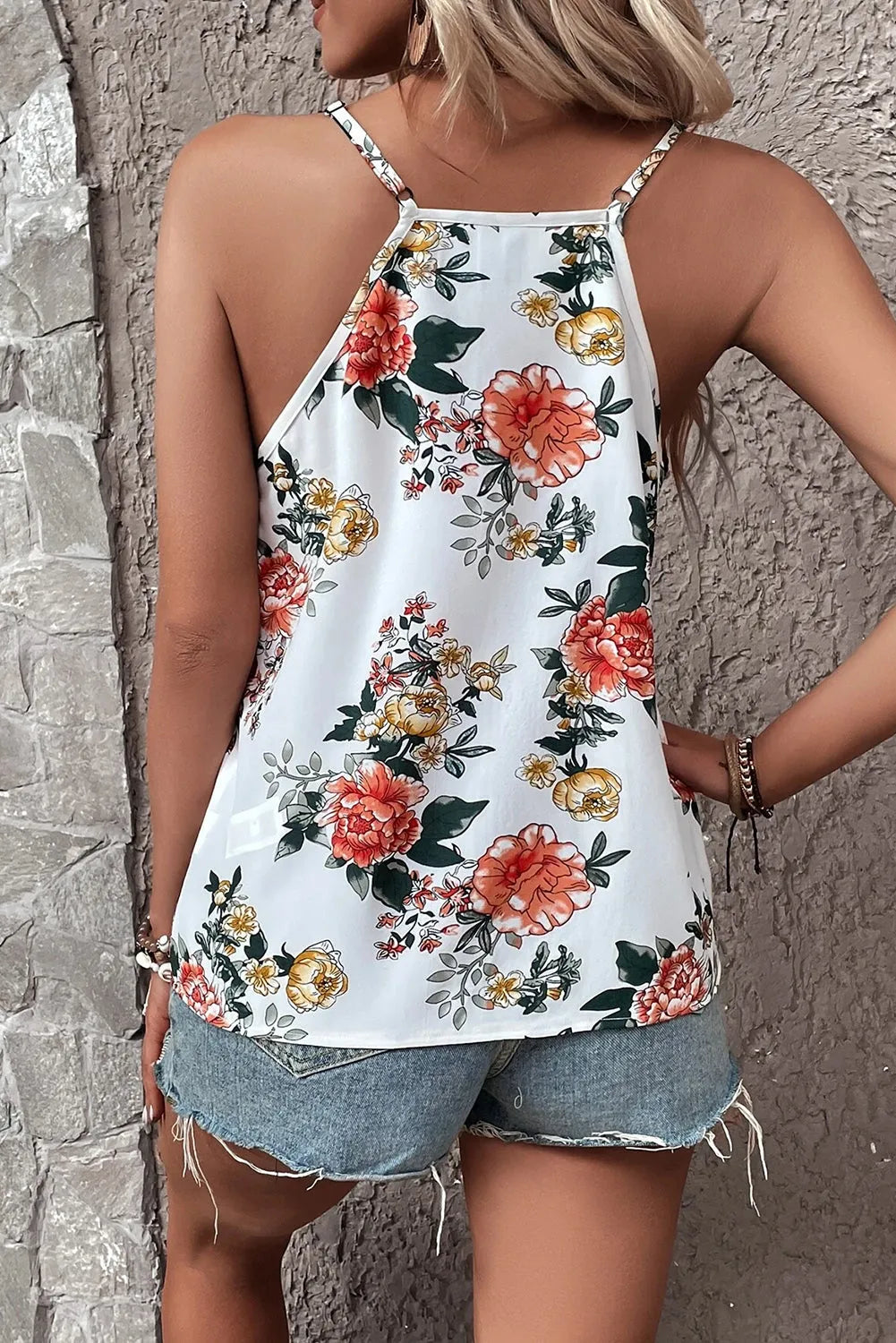 White Floral Print Lace V Neck Tank Top - Chic Meadow Boutique 