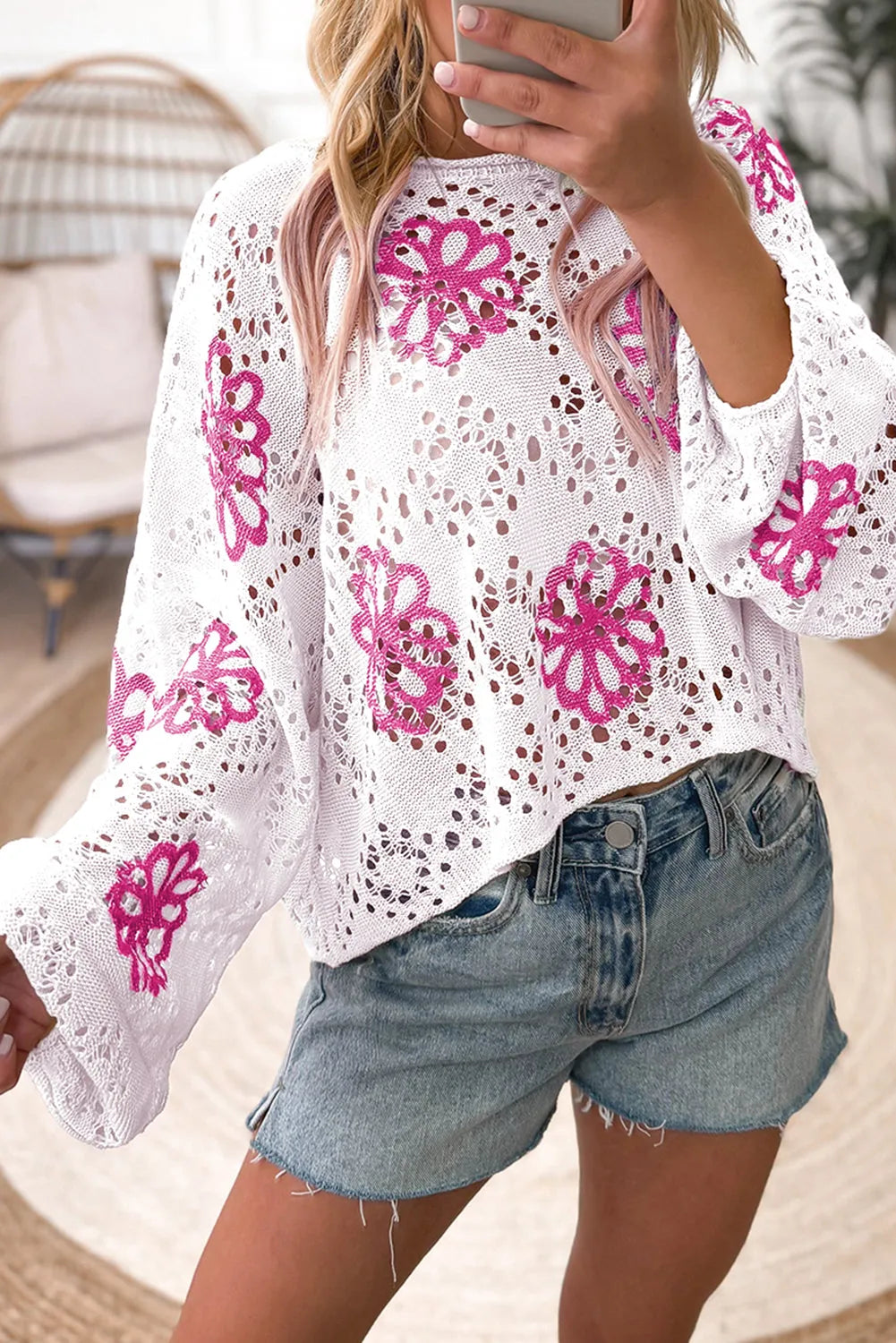 White Contrast Flower Print Eyelet Drop Shoulder Sweater - Chic Meadow Boutique 