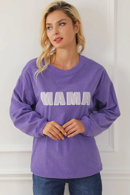 Purple MAMA Ribbed Crew Neck Pullover Sweatshirt - Chic Meadow Boutique 