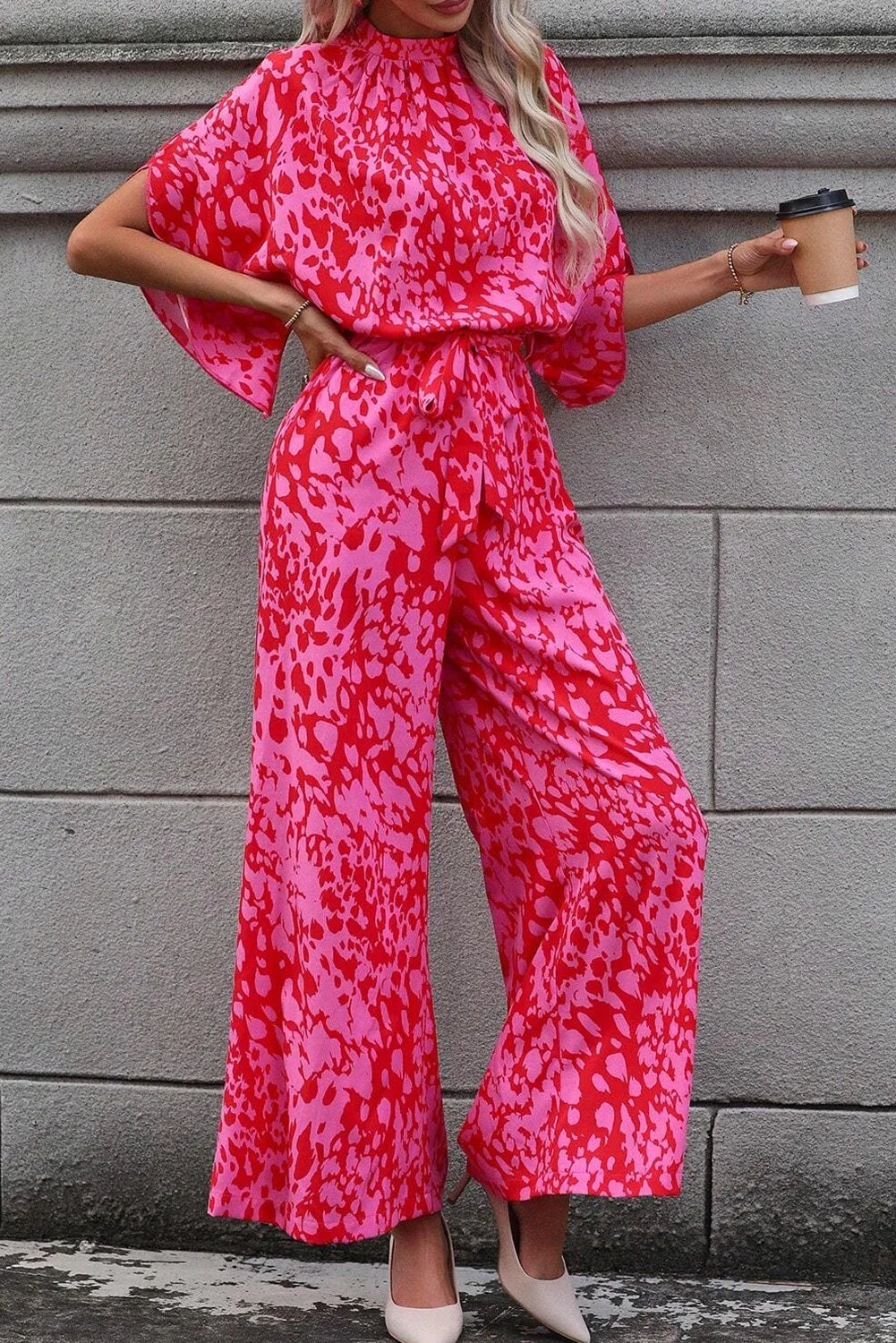 Rose Leopard Loose Sleeve Belted Wide Leg Jumpsuit - Chic Meadow Boutique 