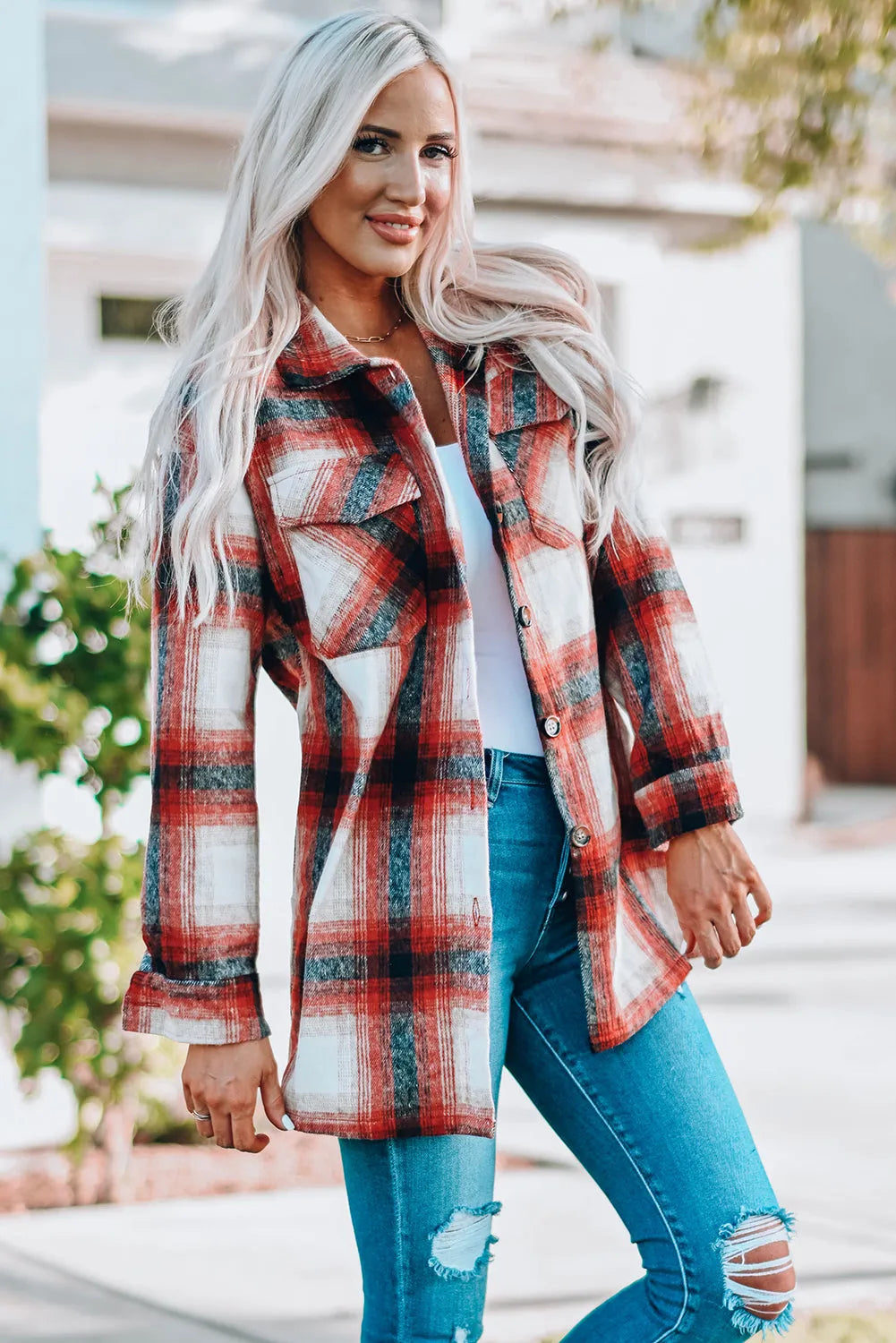 Red Turn down Neck Plaid Pocket Button Closure Coat - Chic Meadow Boutique 