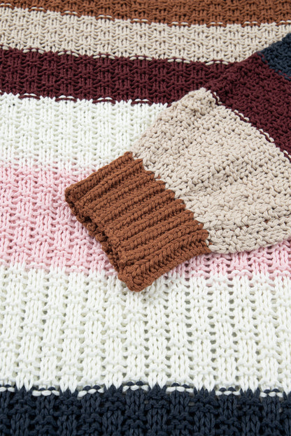 Multicolour Striped Knit Dropped Shoulder Round Neck Pullover Sweater