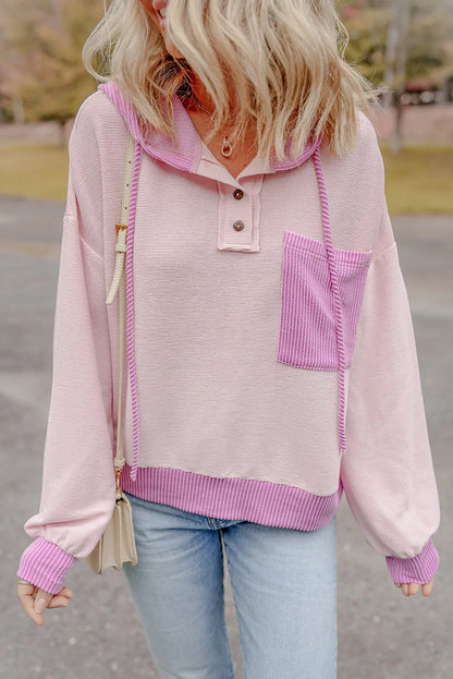 Light Pink Corded Colorblock Patch Pocket Drawstring Hoodie - Chic Meadow Boutique 