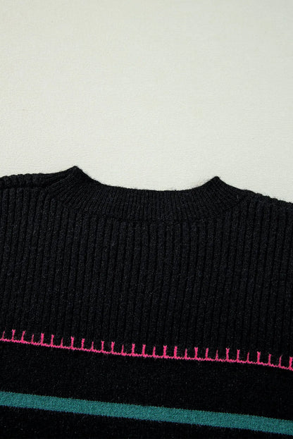 Black Colorful Striped Ribbed Trim Sweater - Chic Meadow Boutique 