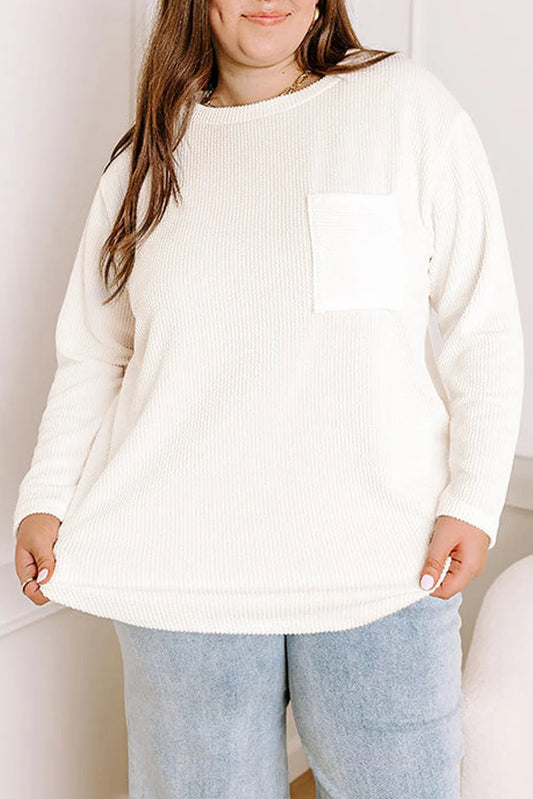 White Plus Size Ribbed Textured Long Sleeve T Shirt - Chic Meadow Boutique 