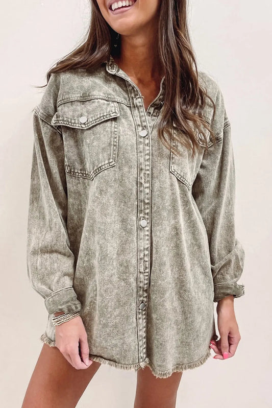 Sage Green Acid Wash Flap Pocket Raw Hem Tunic Denim Jacket - Chic Meadow Boutique 