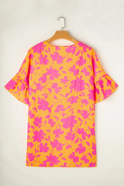 Orange Ruffled 3/4 Sleeve Floral Kimono - Chic Meadow Boutique 