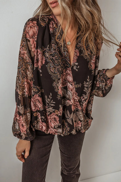 Black Floral Print Criss Cross V Neck Balloon Sleeve Blouse - Chic Meadow Boutique 