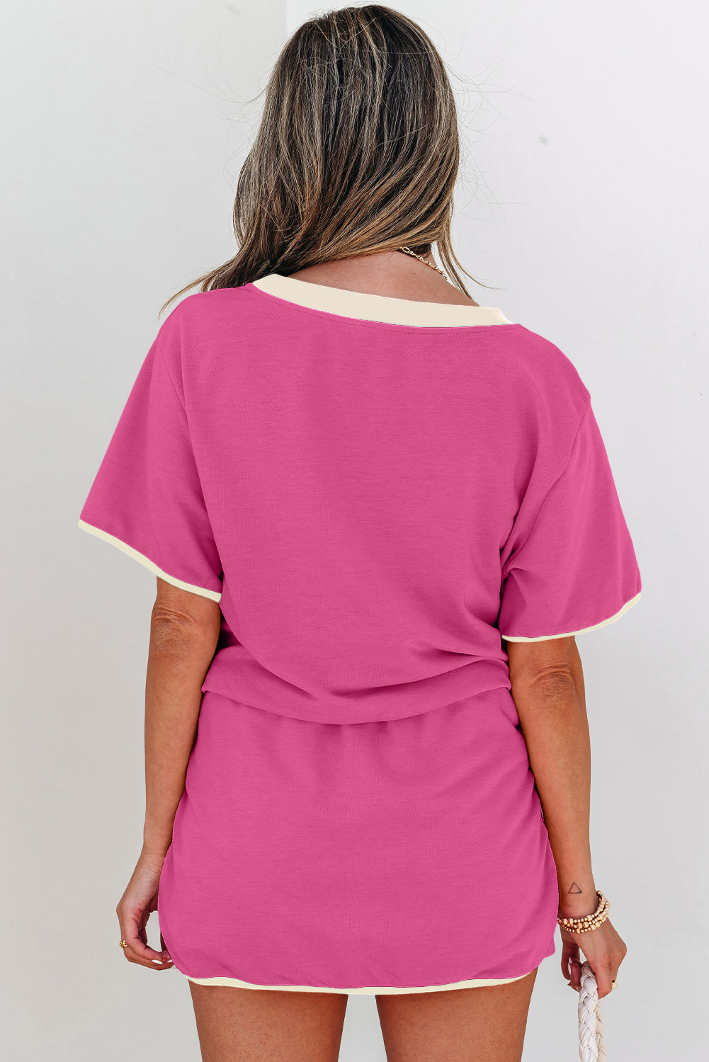 Rose Red Colorblock Edge Drop Shoulder T Shirt and Skort 2Pcs Set