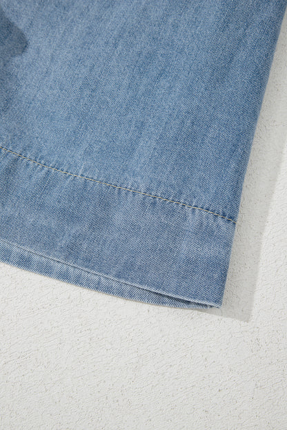 Dusk Blue Tied Front Long Puff Sleeve Denim Top