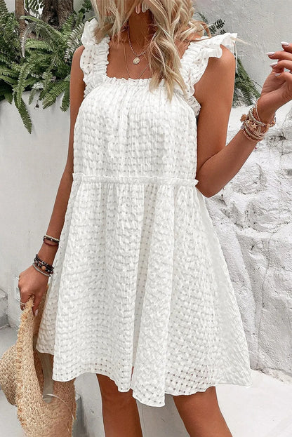 White Plaid Ruffled Straps Flowy Sleeveless Dress - Chic Meadow Boutique 