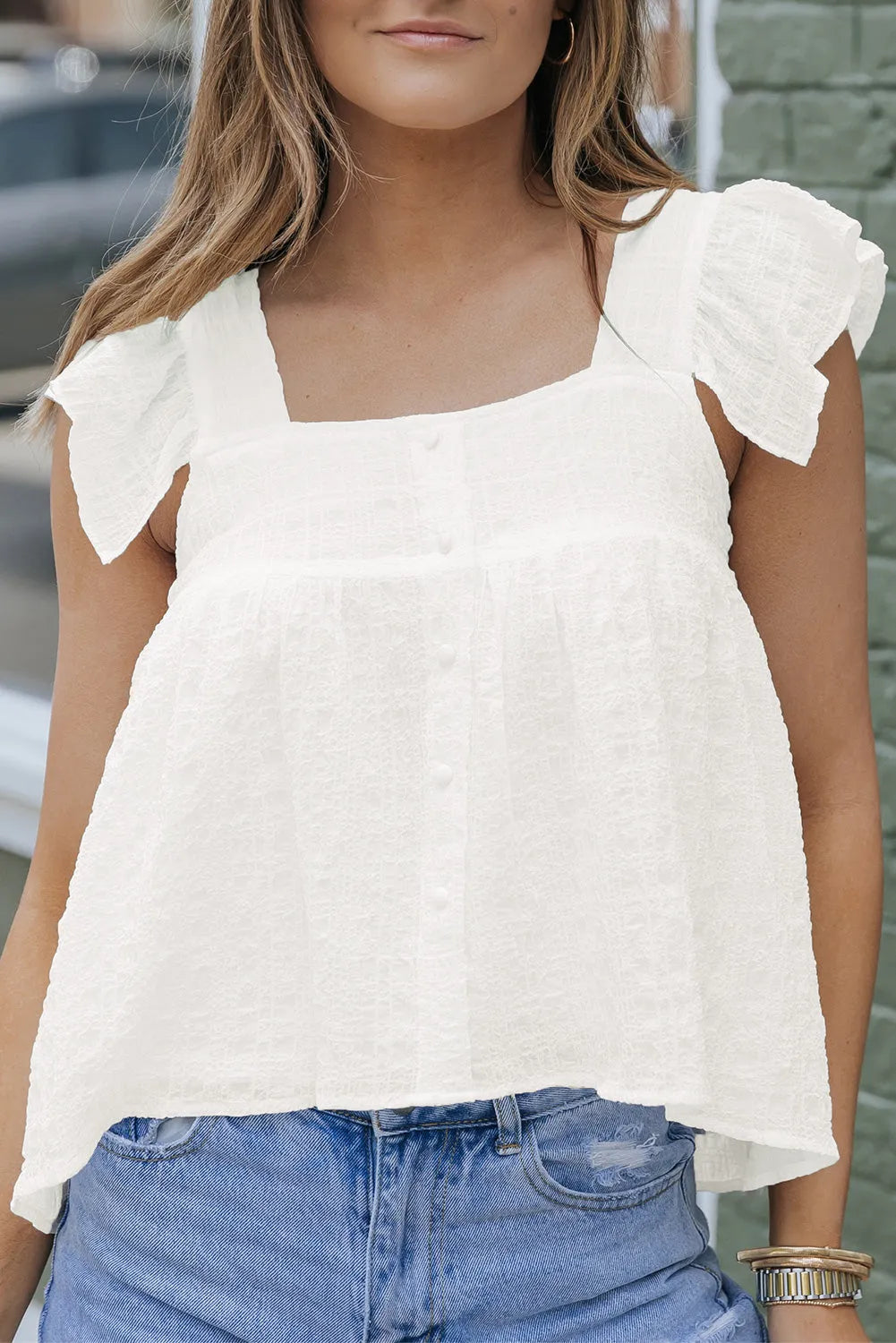 White Square Neck Textured Flowy Tank Top - Chic Meadow Boutique 