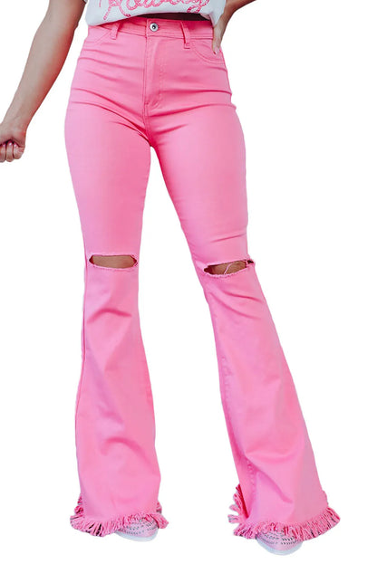 Pink Vintage High Waist Flare Leg Ripped Raw Hem Jeans - Chic Meadow Boutique 