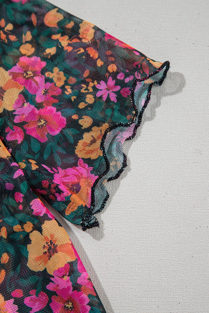 Rose Floral Print Mesh Stand Neck Short Sleeve Top