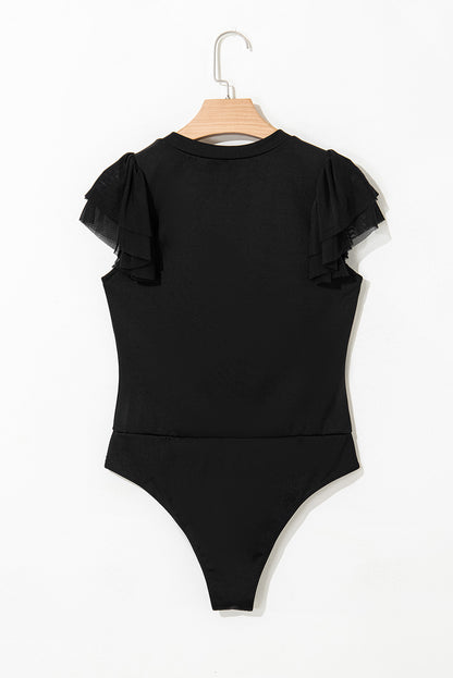 Black Solid Ruffled Mesh Patchwork Sleeve Bodysuit